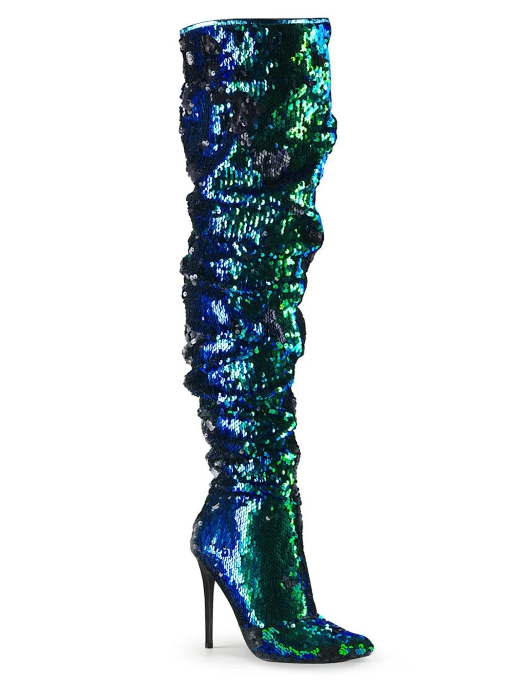 Sequin Over-the-Knee Boot in Iridescent Teal-Blue
